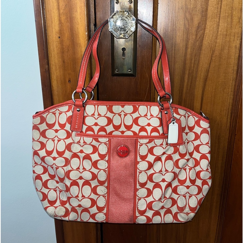 Coach Orange and Tan Logo Stripe Pocket Tote Crossbody with handles